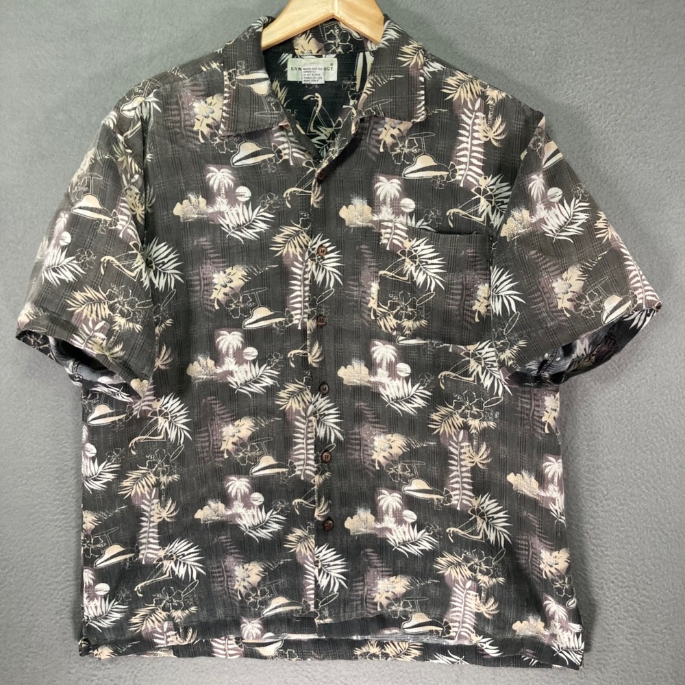 Knightsbridge Hawaiian Shirt Mens M Black Tropical Palm Tree Rayon Blend Pocket